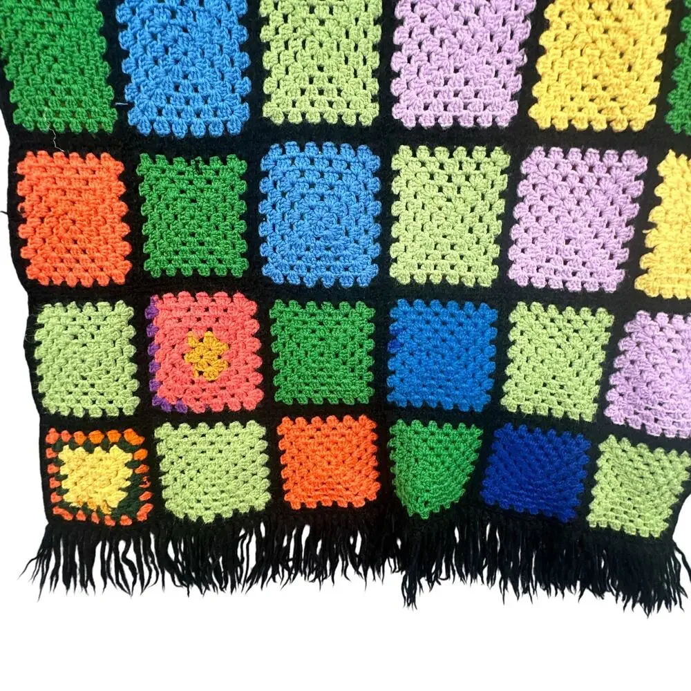VTG Handmade Afghan Throw Blanket Roseanne Boho Fringe Black 73x35 OOAK Hippie
